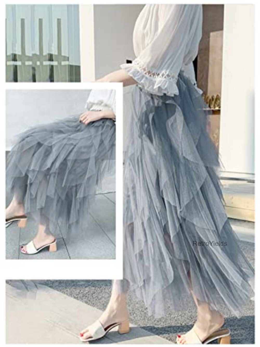 Long Tiered Tulle Skirt A-Line Mesh Tutu Maxi Skirt Elastic Waist